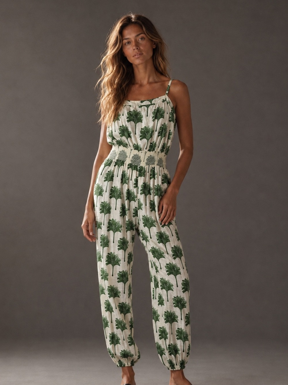 True Destinations Palm Print Cinched-Ankle Jumpsuit NWT XL